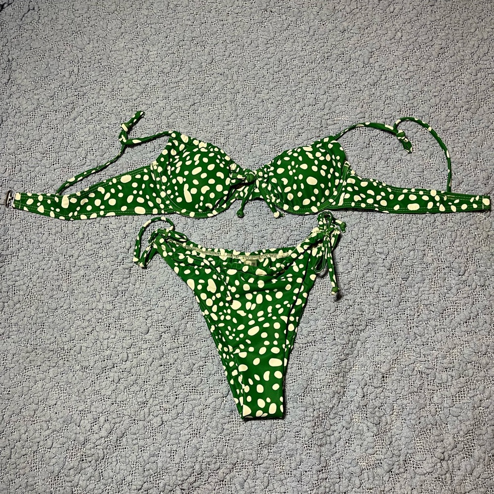 Green and white polkadot bikini